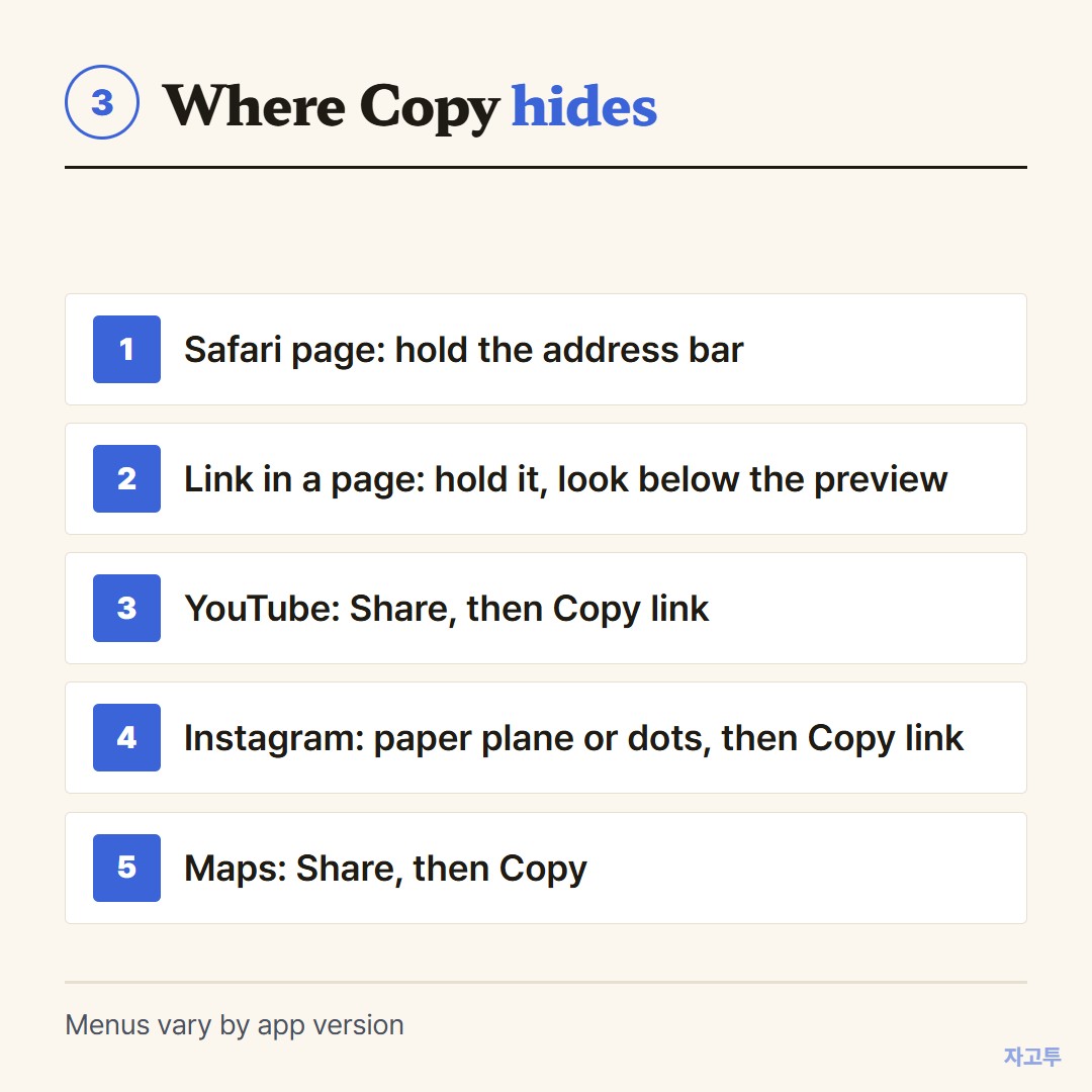 The Share route in apps that do not show an address bar
