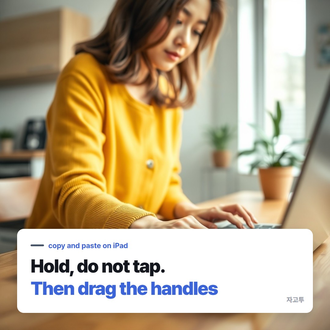 Hands selecting text on an iPad at a kitchen table