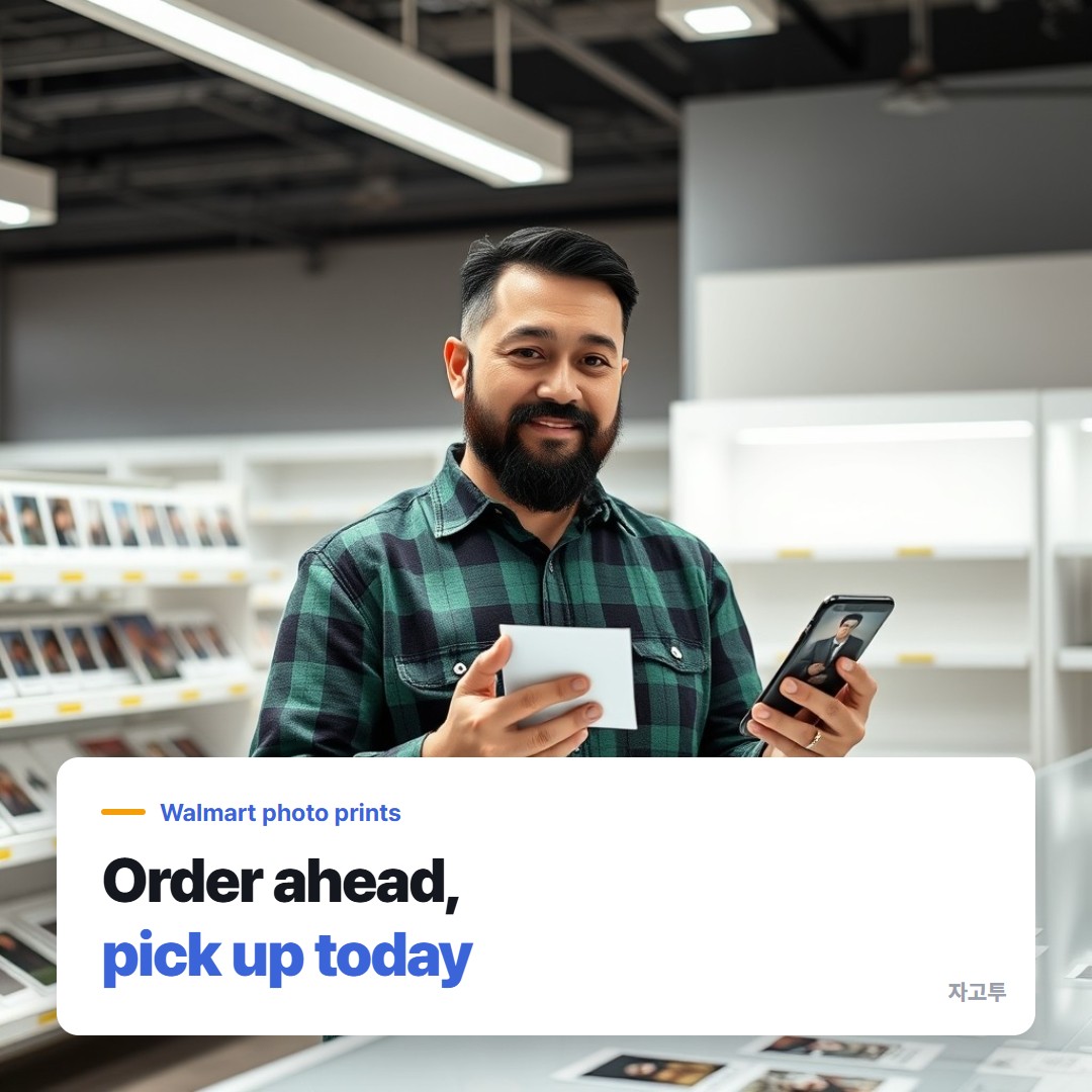 A man picking up photo prints at a store counter while checking his phone