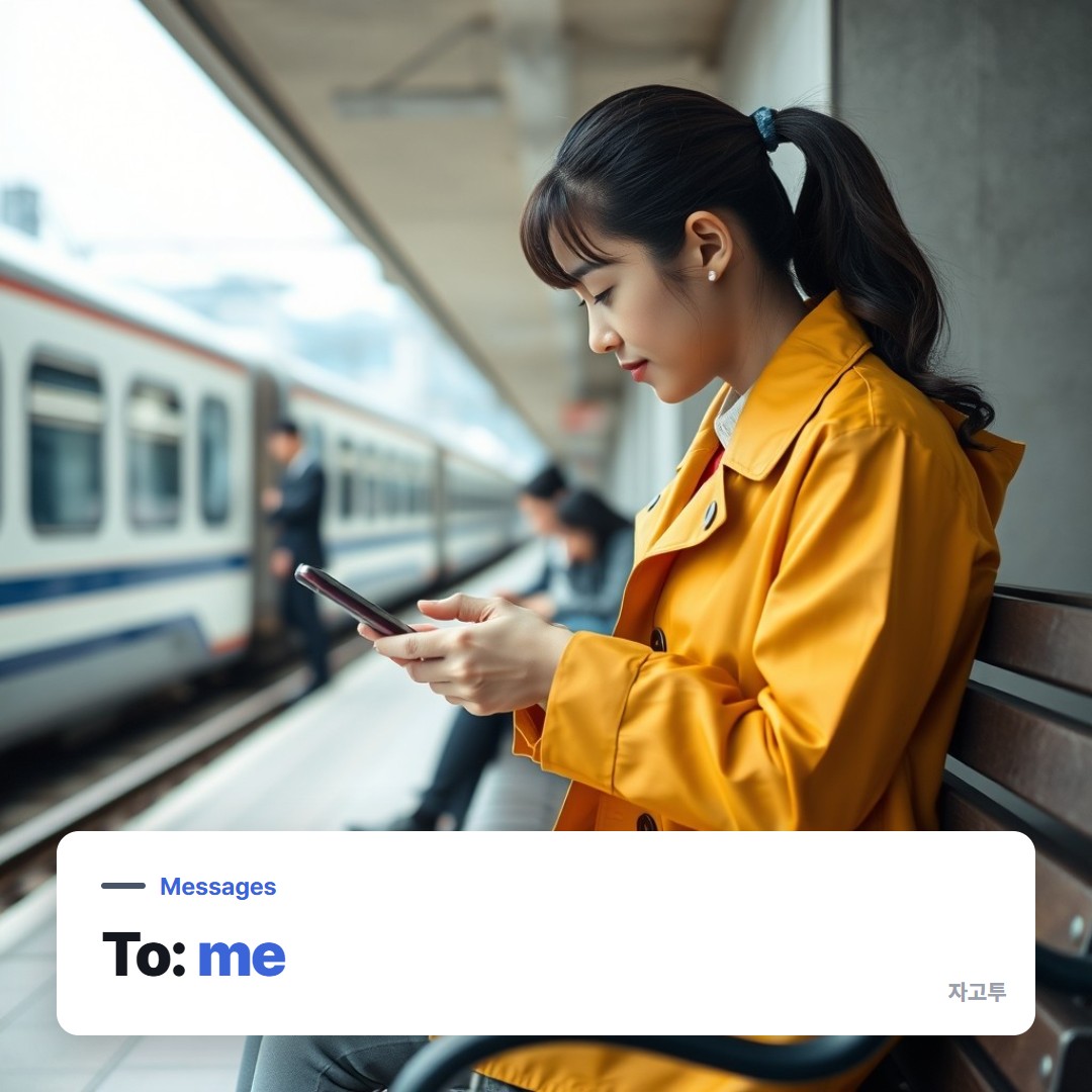 A woman typing a message to herself on an iPhone at a train station