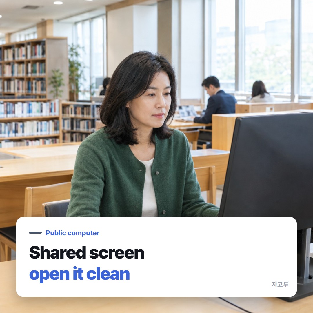 A woman sitting down at a shared computer in a quiet library