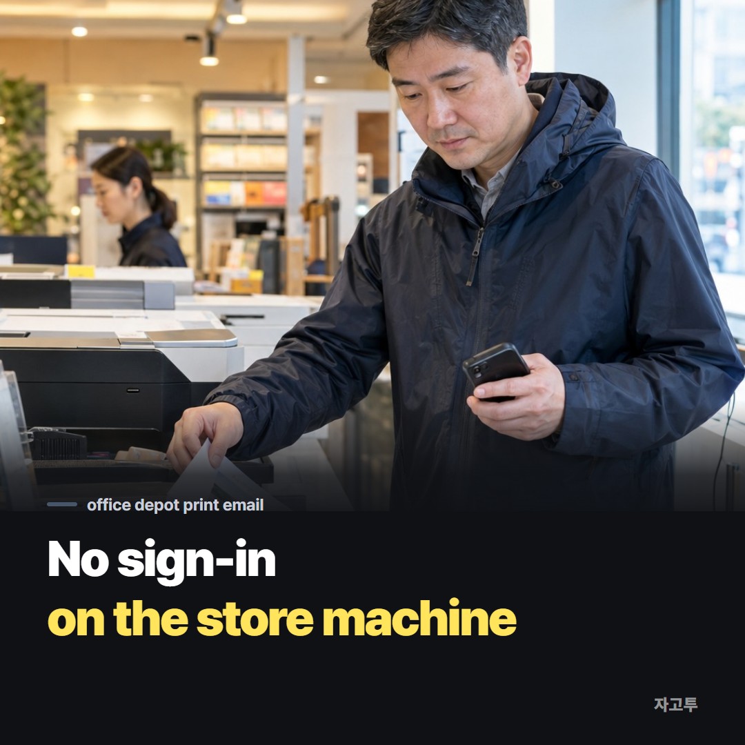 A man at a print shop counter holding his phone