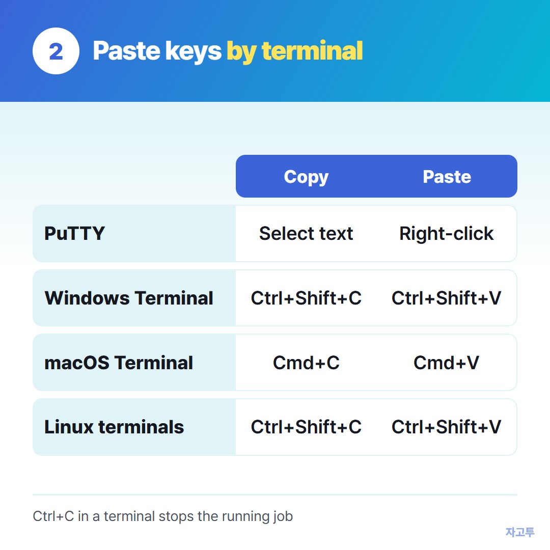Copy and paste keys in common SSH terminals