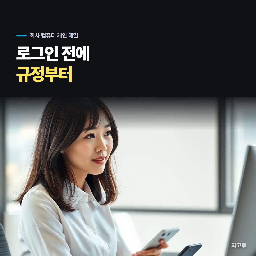 회사 책상에서 업무용 컴퓨터 앞에 앉아 휴대폰을 보는 장면