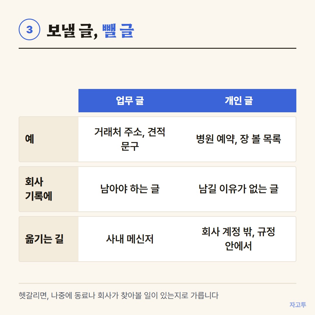 사내 메신저로 보낼 업무 글과 뺄 개인 글