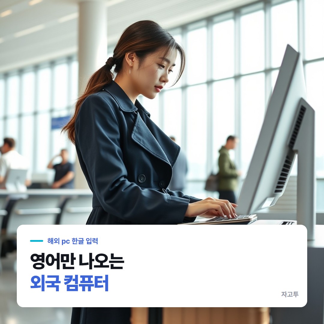 해외 호텔 비즈니스 센터 컴퓨터 앞에 선 장면