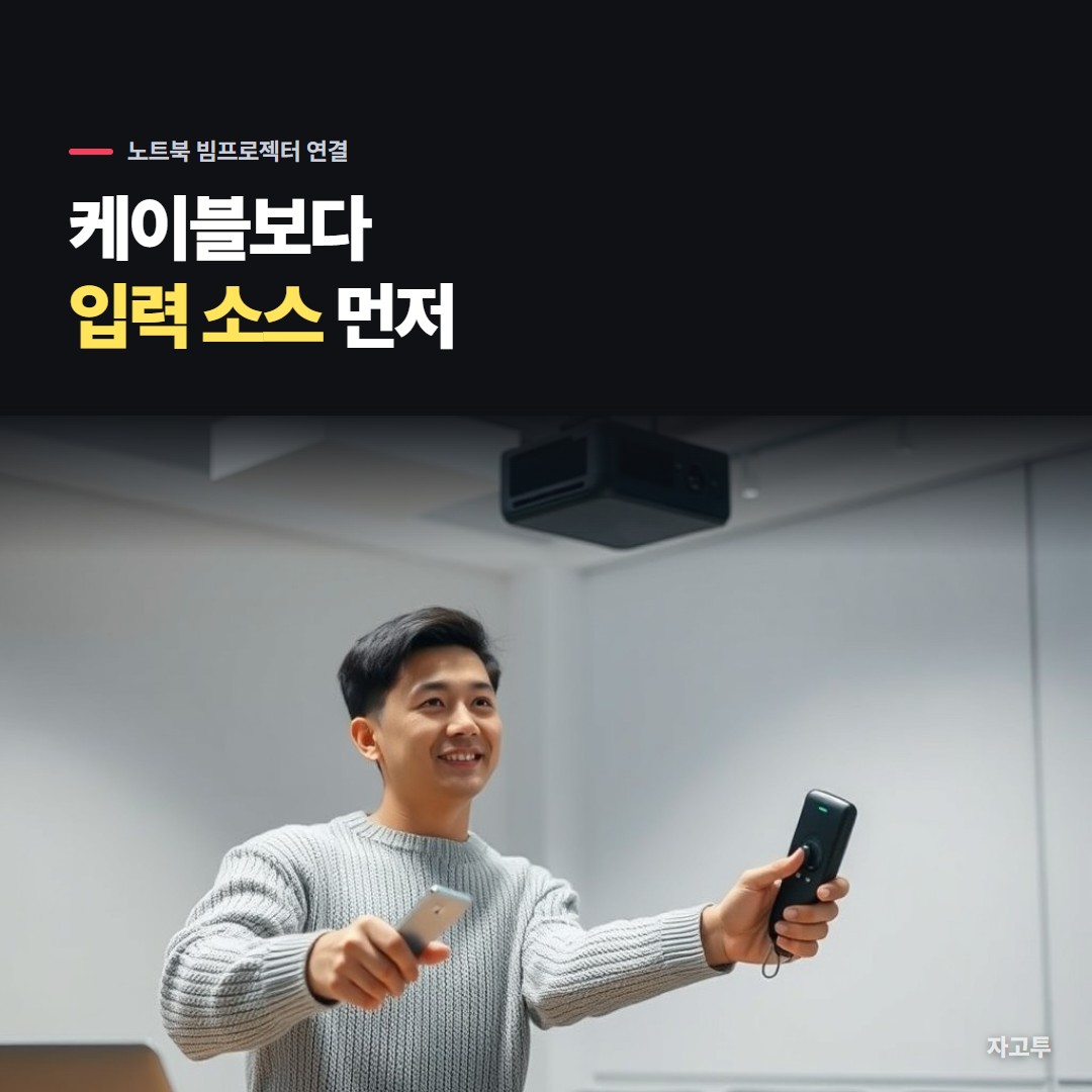 회의실에서 노트북을 빔프로젝터에 연결하는 장면