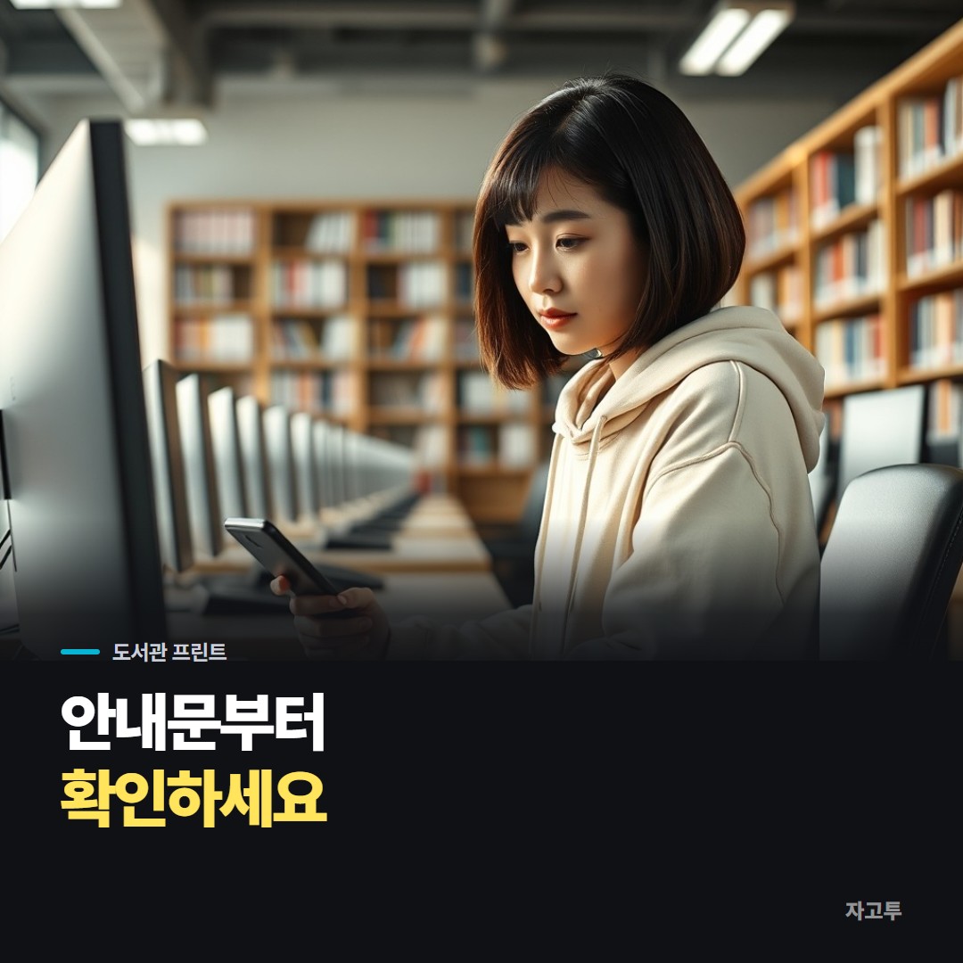 도서관 자료실에서 출력물을 챙기는 장면
