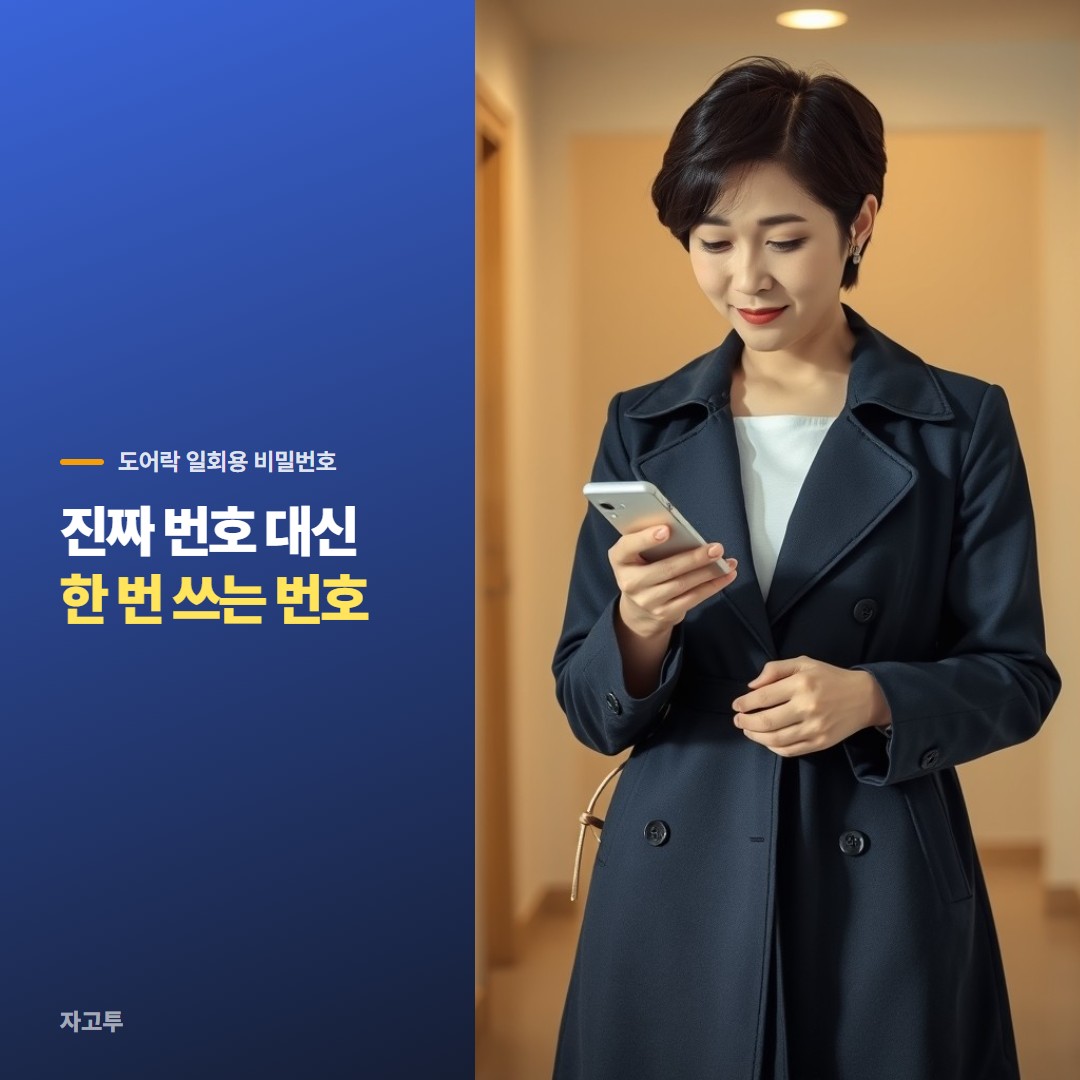 현관 도어락 앞에서 폰을 보는 장면