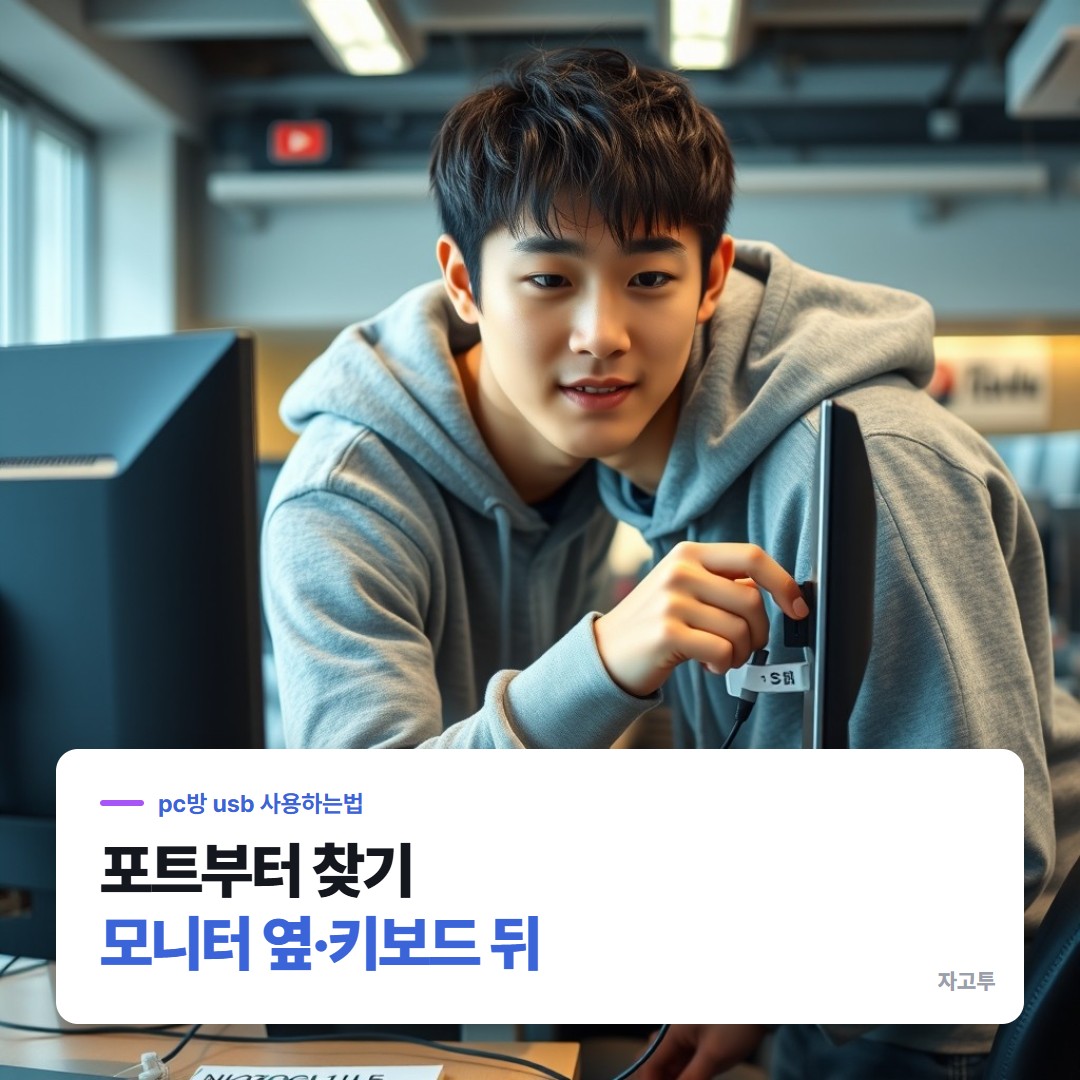 PC방 자리에서 USB를 들고 본체 쪽을 살피는 사람