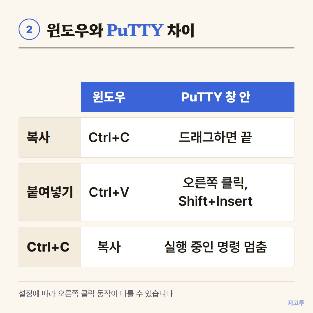 윈도우와 PuTTY의 복사 붙여넣기 차이