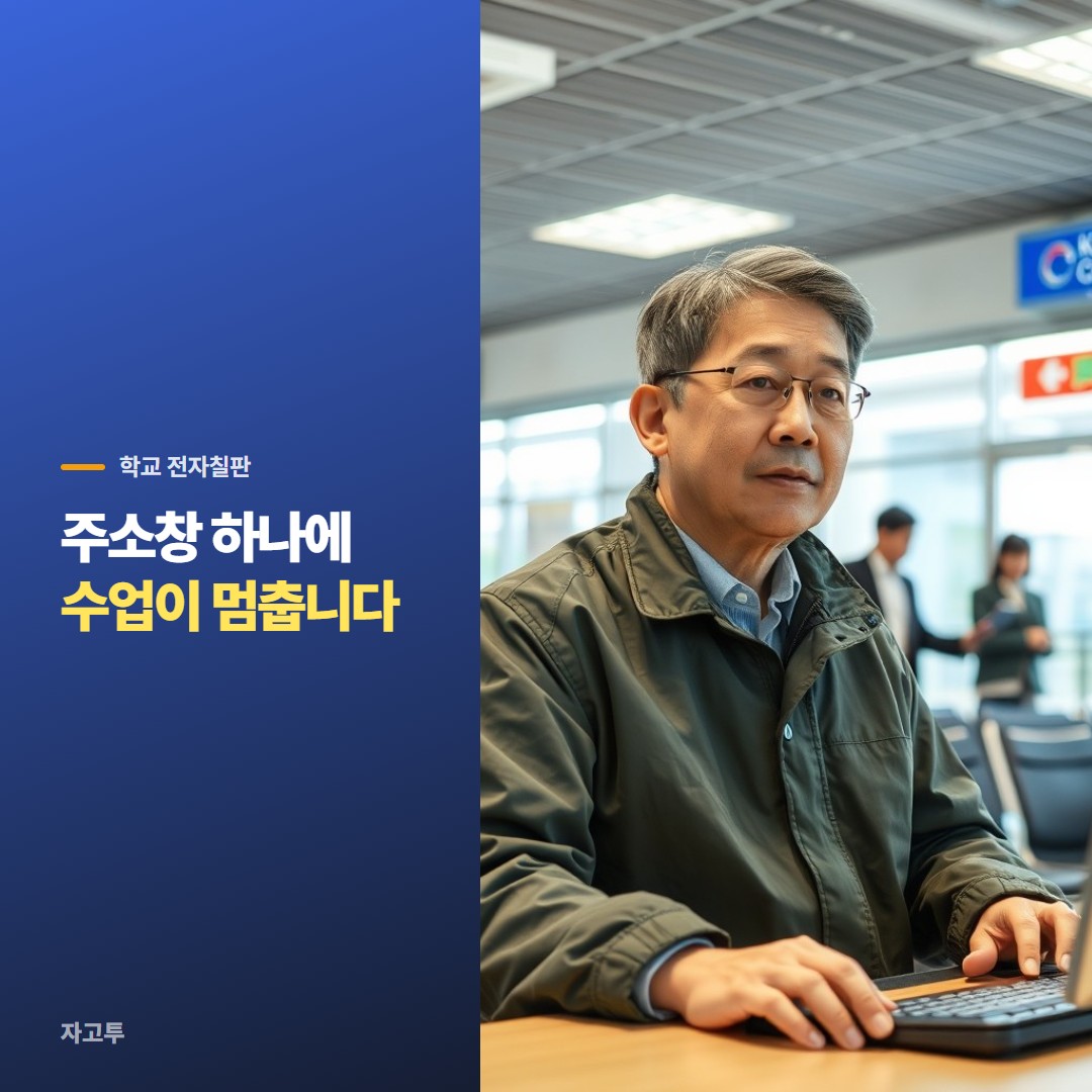 교실 앞 전자칠판 앞에서 폰을 든 선생님