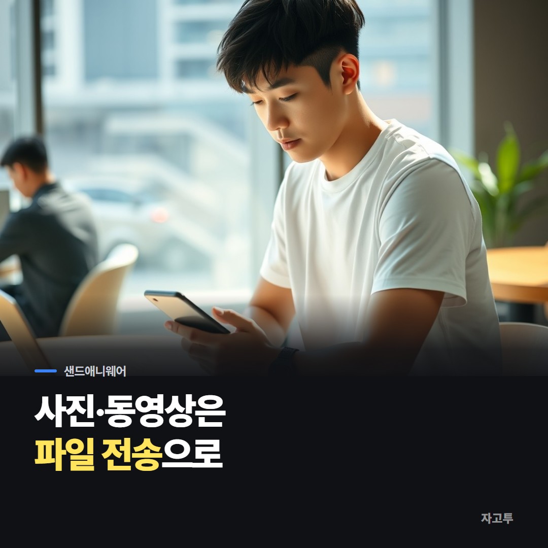 노트북 옆에서 폰 사진을 옮기는 장면