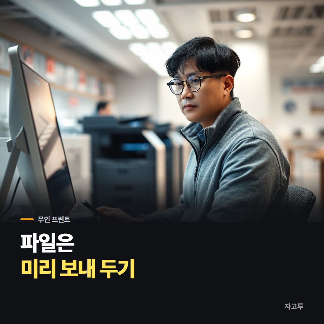 무인 프린트카페에서 휴대폰을 보며 출력하는 사람